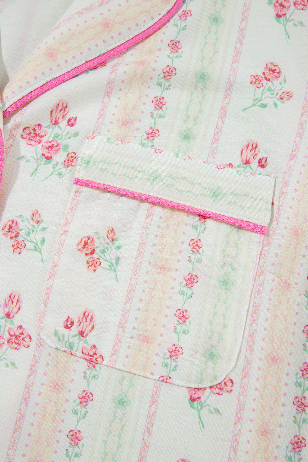 White Floral Print Contrast Pipping Short Pajamas Set