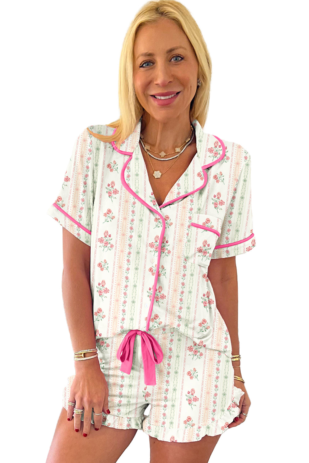 White Floral Print Contrast Pipping Short Pajamas Set