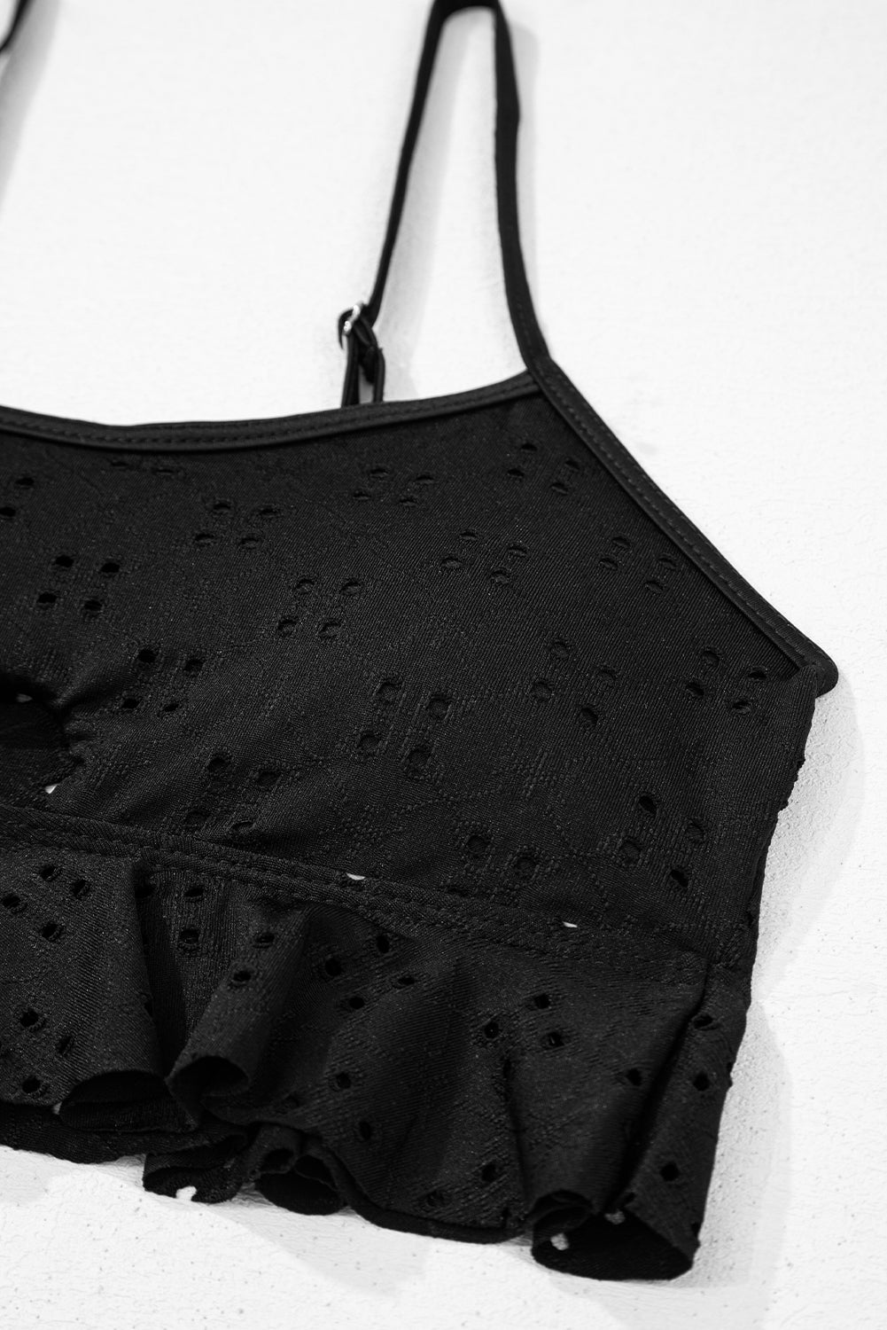 Black Eyelet Pattern Knotted Ruffle Trim 3pcs Bikini Set