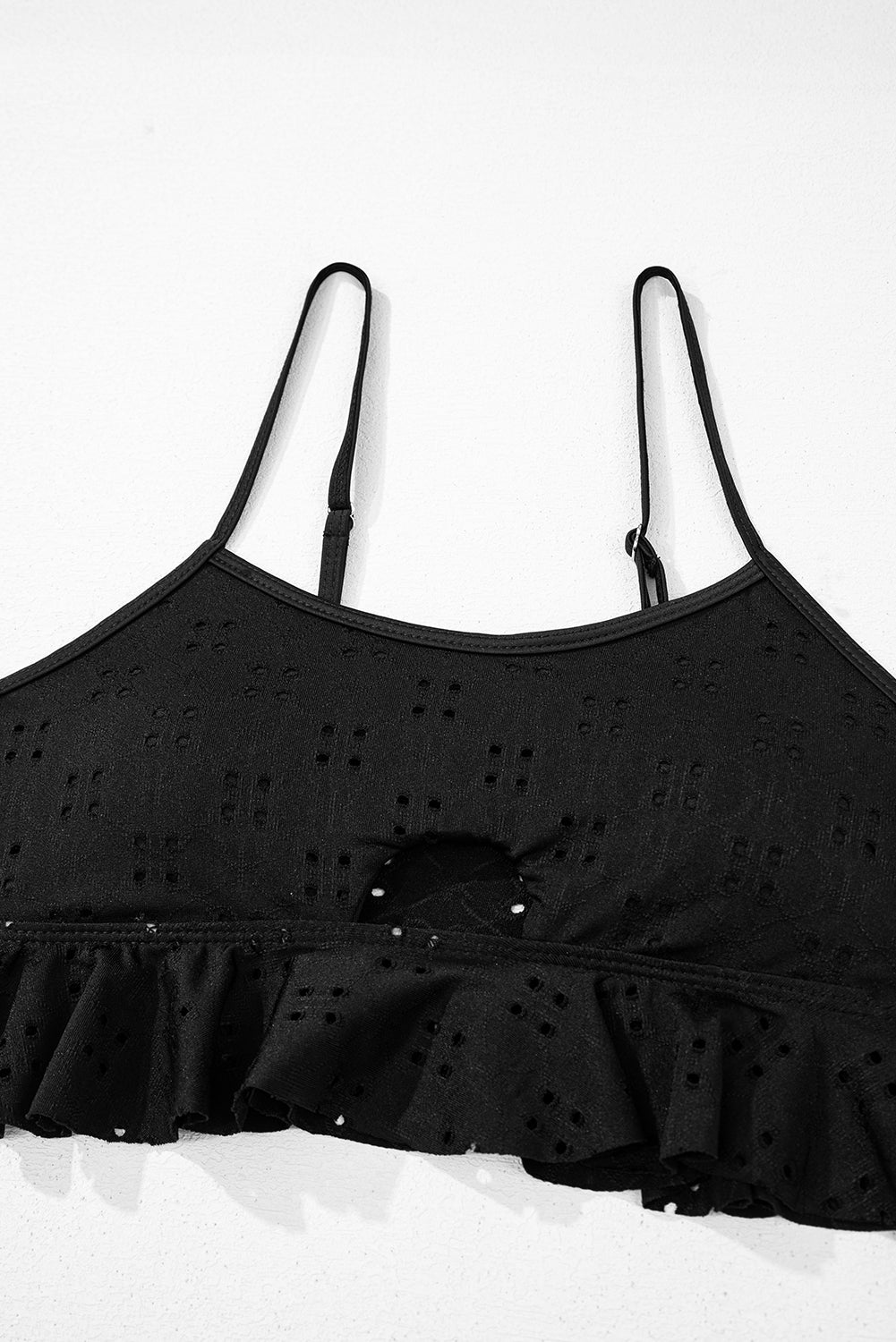 Black Eyelet Pattern Knotted Ruffle Trim 3pcs Bikini Set
