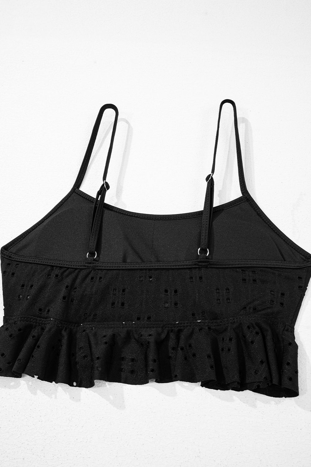 Black Eyelet Pattern Knotted Ruffle Trim 3pcs Bikini Set
