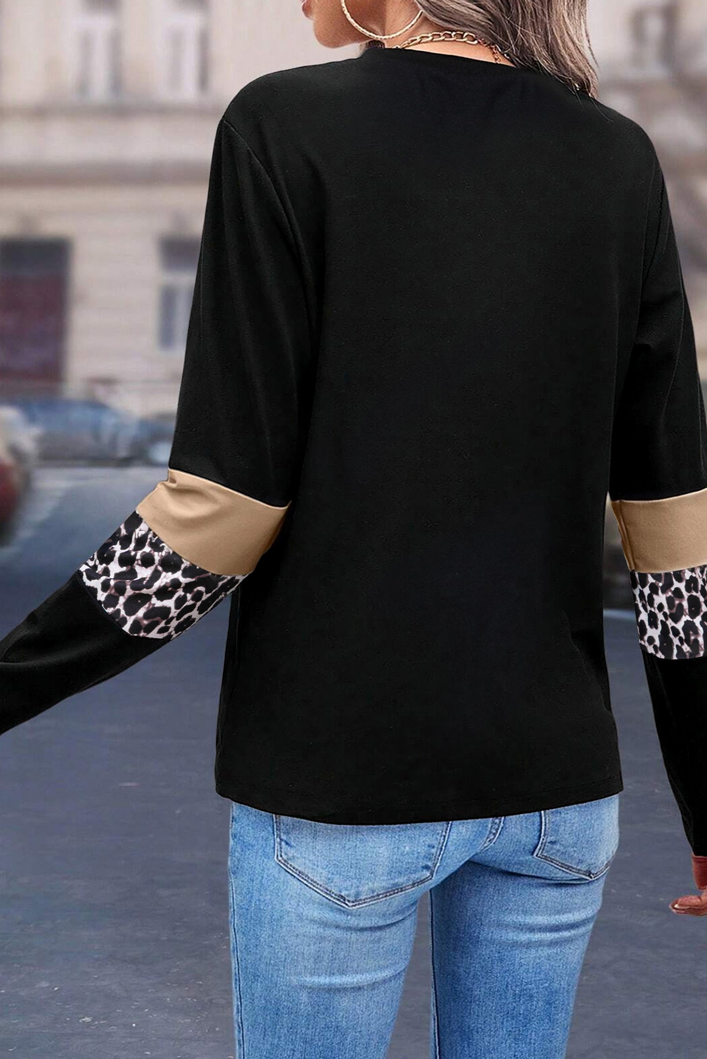 White Leopard Colorblock Patchwork Crew Neck Long Sleeve Tee