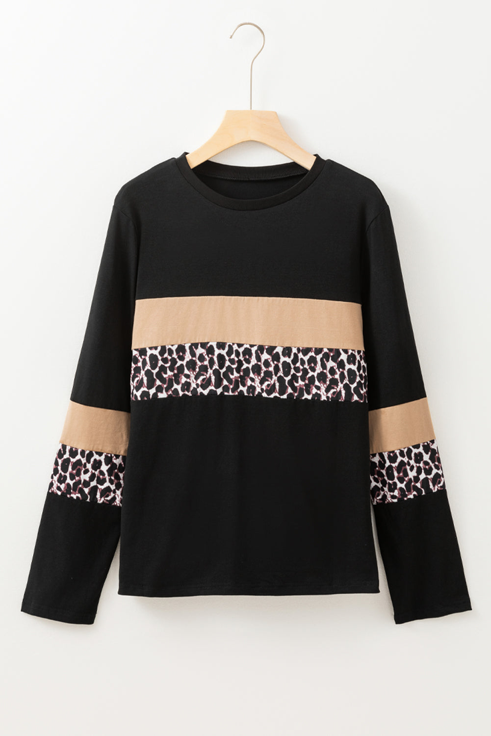 White Leopard Colorblock Patchwork Crew Neck Long Sleeve Tee