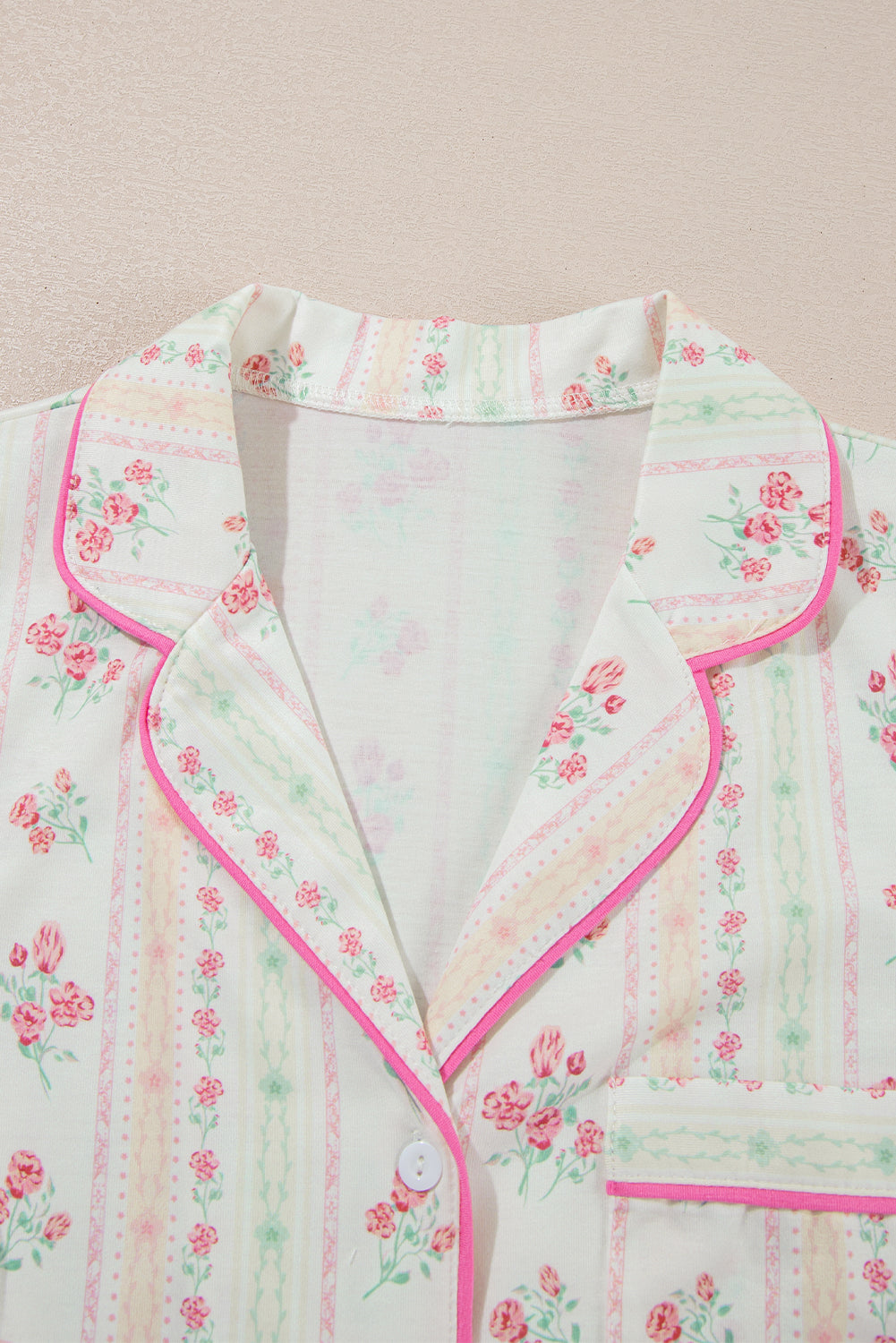 White Floral Print Contrast Pipping Short Pajamas Set