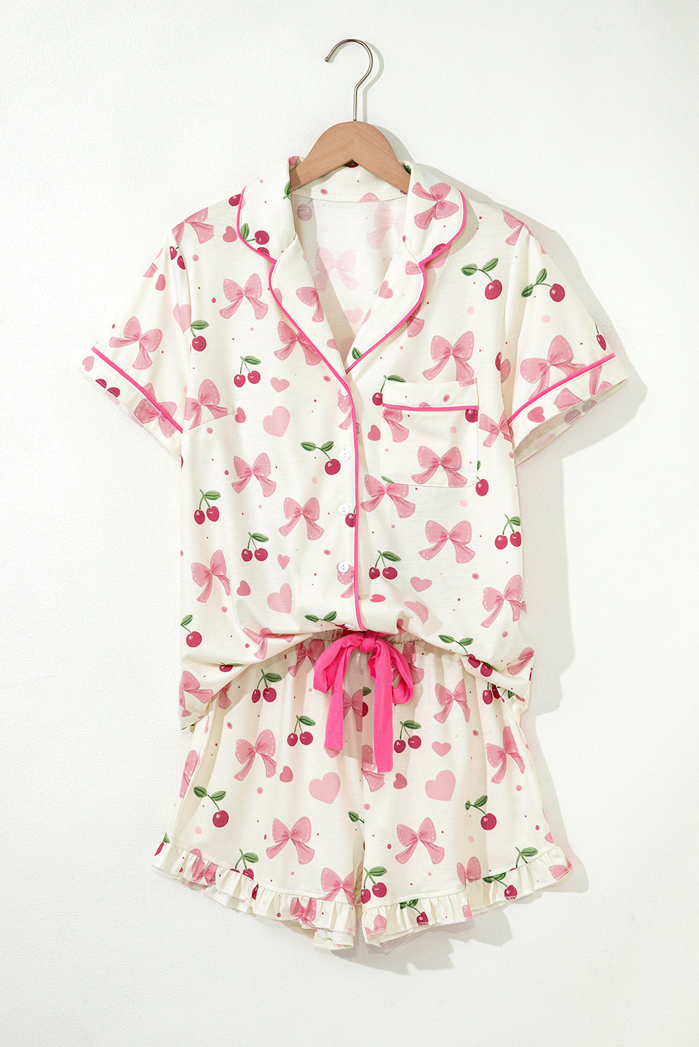 White Floral Print Contrast Pipping Short Pajamas Set