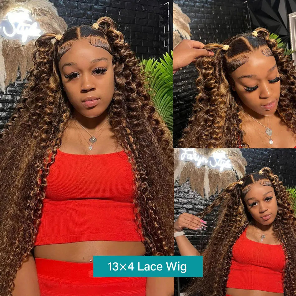 250 Density 30 Inch Highlight Honey Brown Curly HD Lace Front Human Hair Wigs 13x4 13x6 Ombre Color Deep Water Wave Frontal Wigs