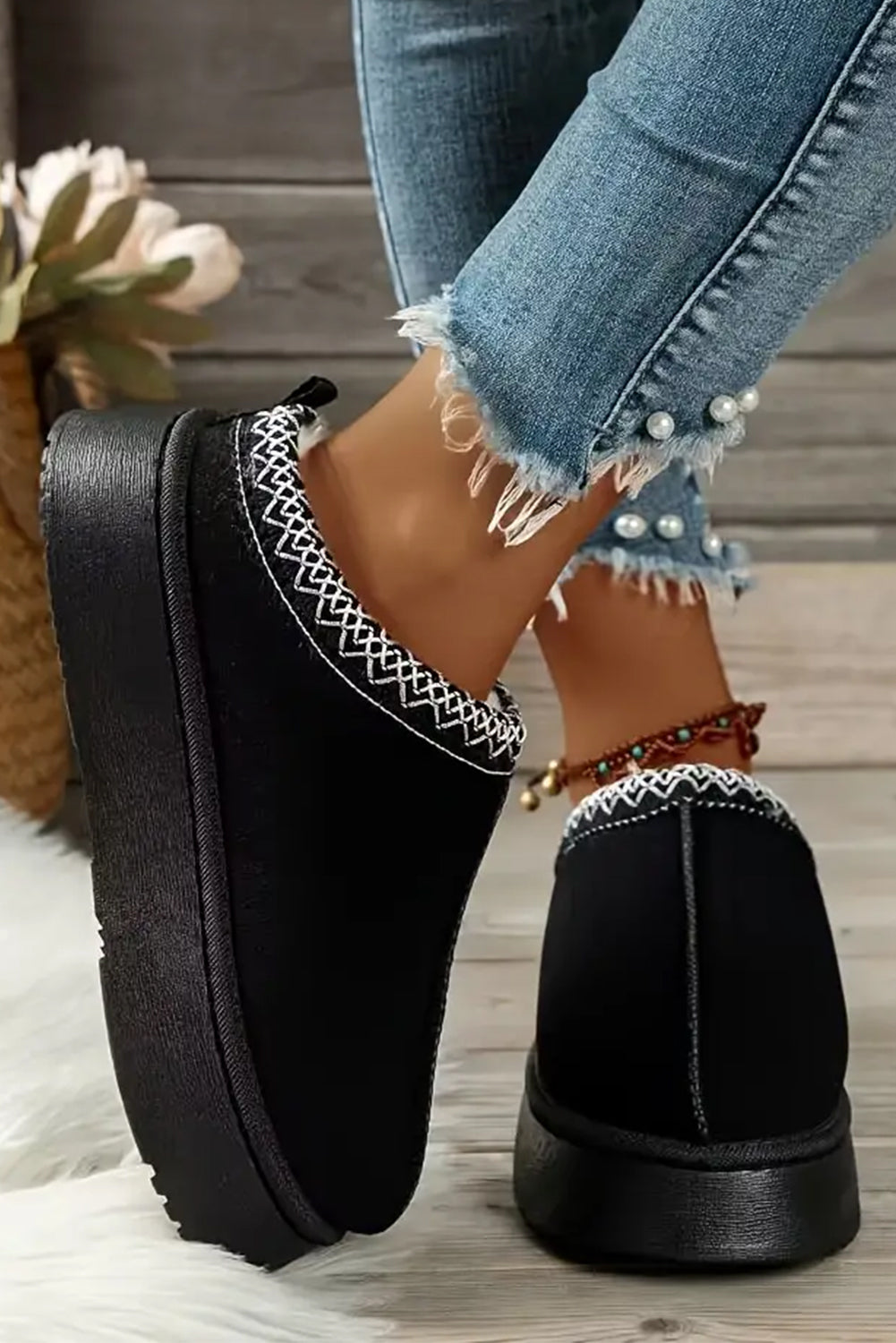 Weeboo Platform Embroidered Trim Slip-On Boots