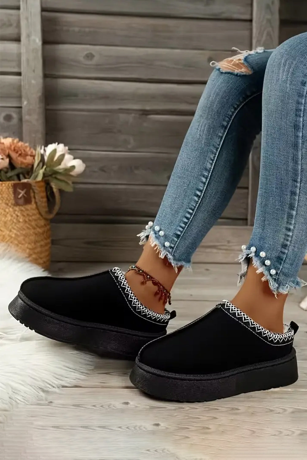 Weeboo Platform Embroidered Trim Slip-On Boots