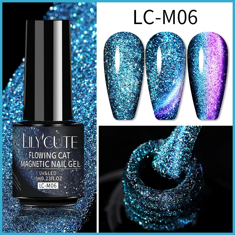 LILYCUTE 9D Rainbow Glitter Cat Magnetic Nail Gel Polish Snowlight Semi Permanent Soak Off Sparkling Nail Varnish
