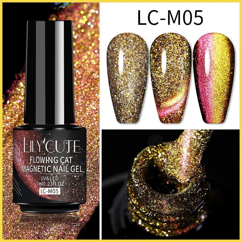 LILYCUTE 9D Rainbow Glitter Cat Magnetic Nail Gel Polish Snowlight Semi Permanent Soak Off Sparkling Nail Varnish