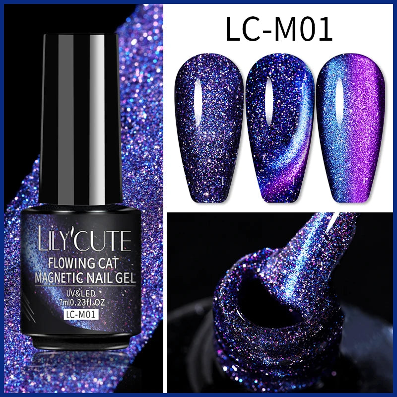 LILYCUTE 9D Rainbow Glitter Cat Magnetic Nail Gel Polish Snowlight Semi Permanent Soak Off Sparkling Nail Varnish