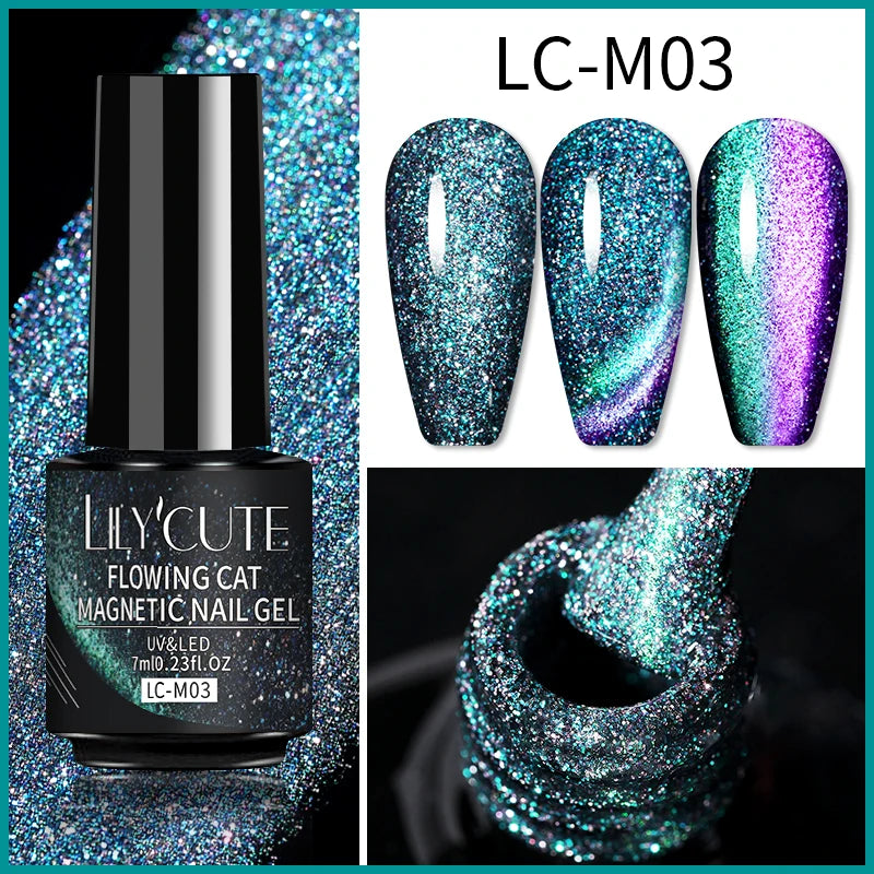 LILYCUTE 9D Rainbow Glitter Cat Magnetic Nail Gel Polish Snowlight Semi Permanent Soak Off Sparkling Nail Varnish