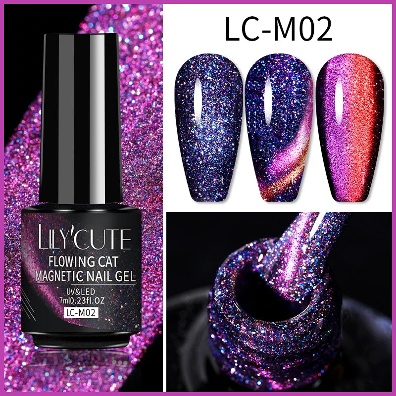 LILYCUTE 9D Rainbow Glitter Cat Magnetic Nail Gel Polish Snowlight Semi Permanent Soak Off Sparkling Nail Varnish