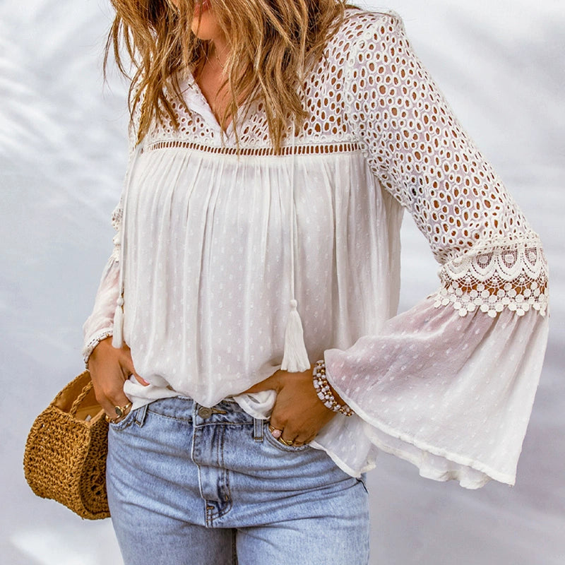 2024 Fall and Winter New Arrival Lace Crochet Chiffon Shirt for Women Fashion Fashion V Neck Drawstring Patchwork Cut Out Long Sleeves Shirt