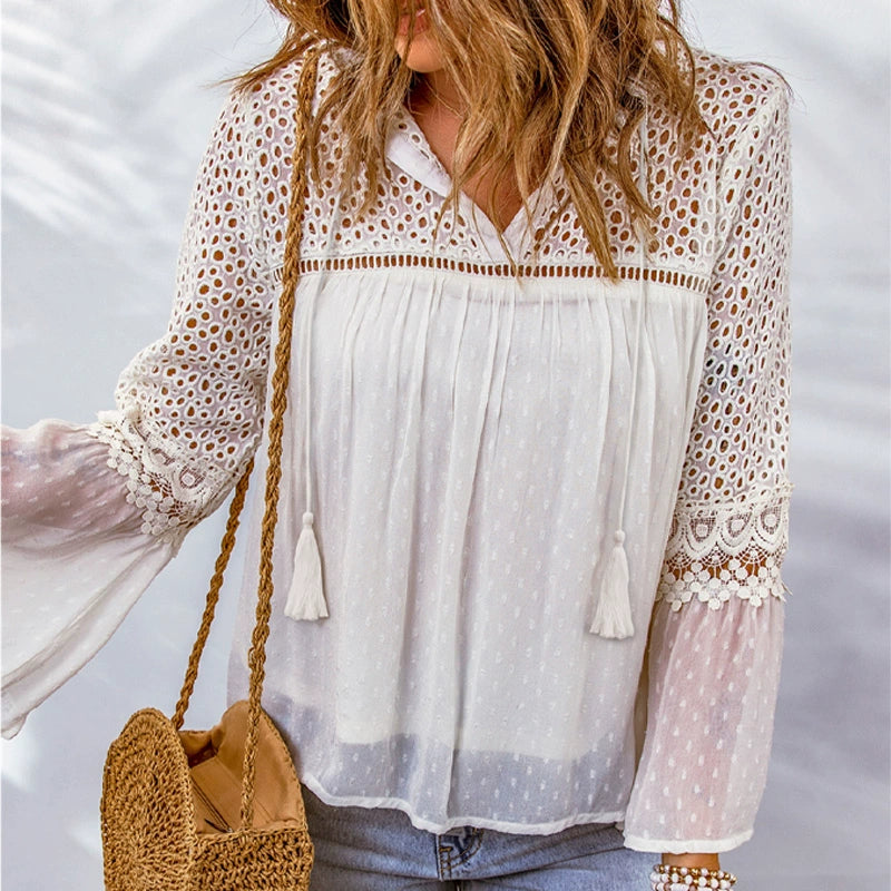 2024 Fall and Winter New Arrival Lace Crochet Chiffon Shirt for Women Fashion Fashion V Neck Drawstring Patchwork Cut Out Long Sleeves Shirt