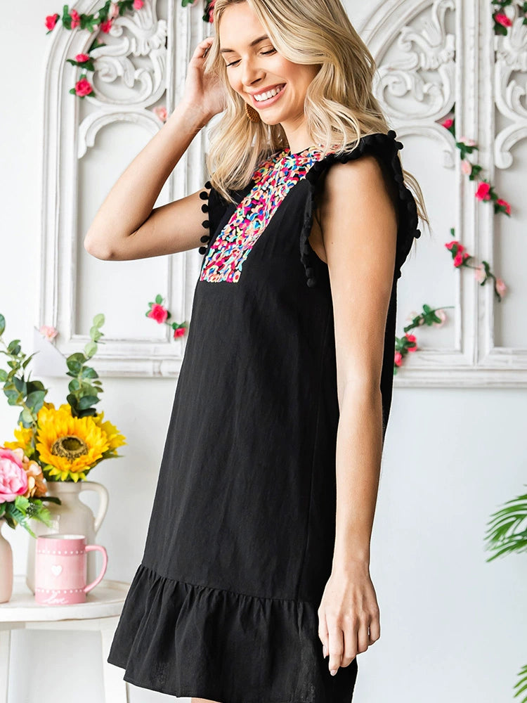 Summer Short Sleeve Fashion V Neck Thin Knee-Length Skirt Embroider