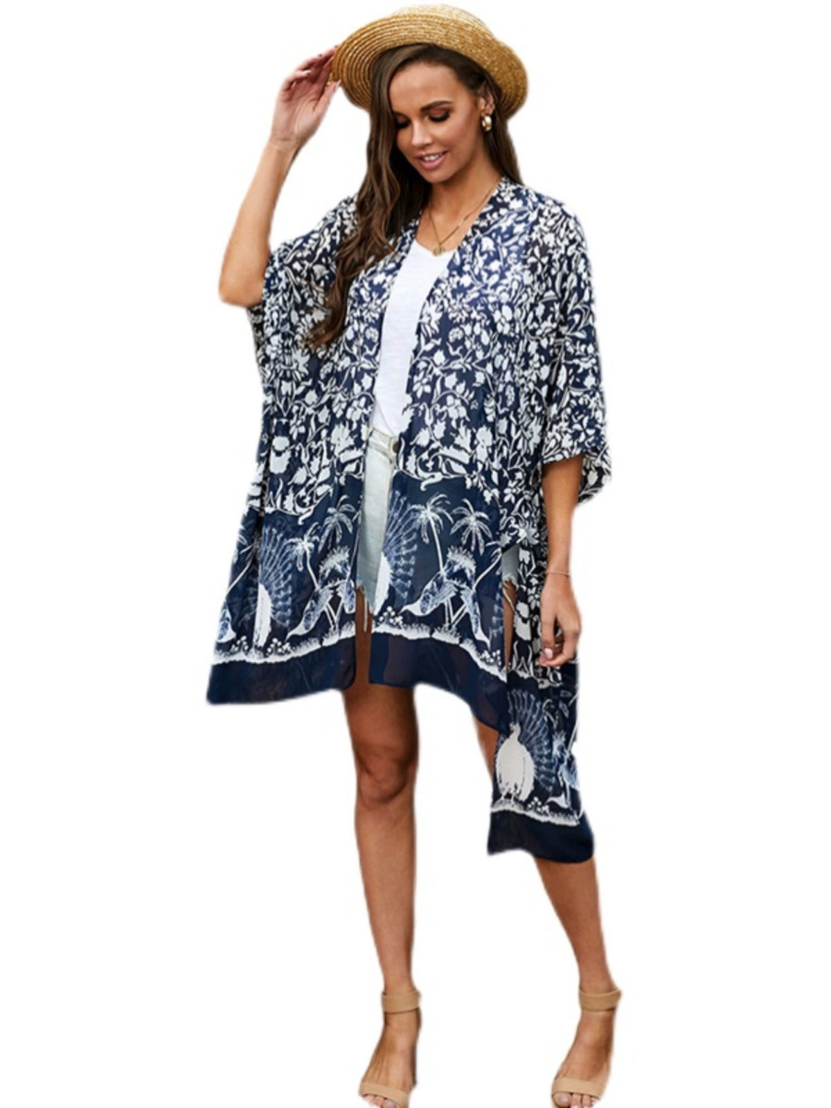 2024 European and American Bikini Blouse Cardigan Summer New Arrival Print Beach Sun Protection Clothing Mid Length Long Length Chiffon Blouse for Women