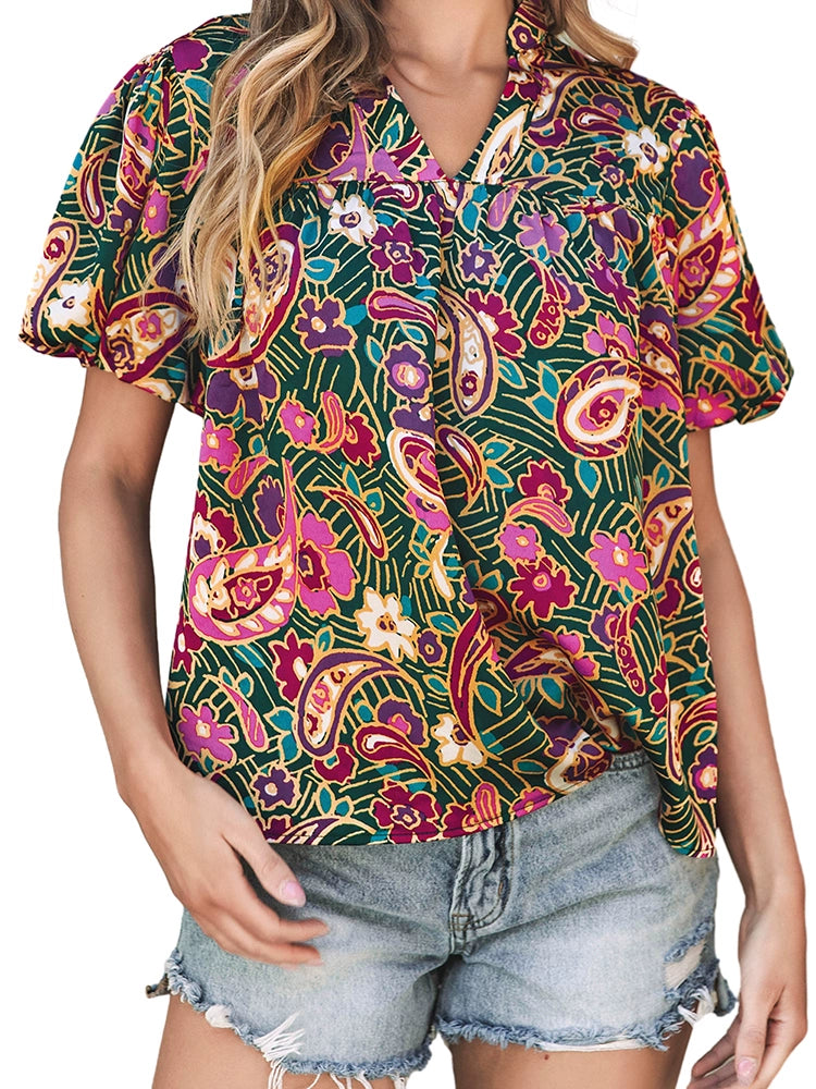Fashion Paisley Pattern Print Short Sleeve Shirt Women 2024 Summer New Arrival Loose Easiest for Match Three Quarter Sleeve Shirt Women