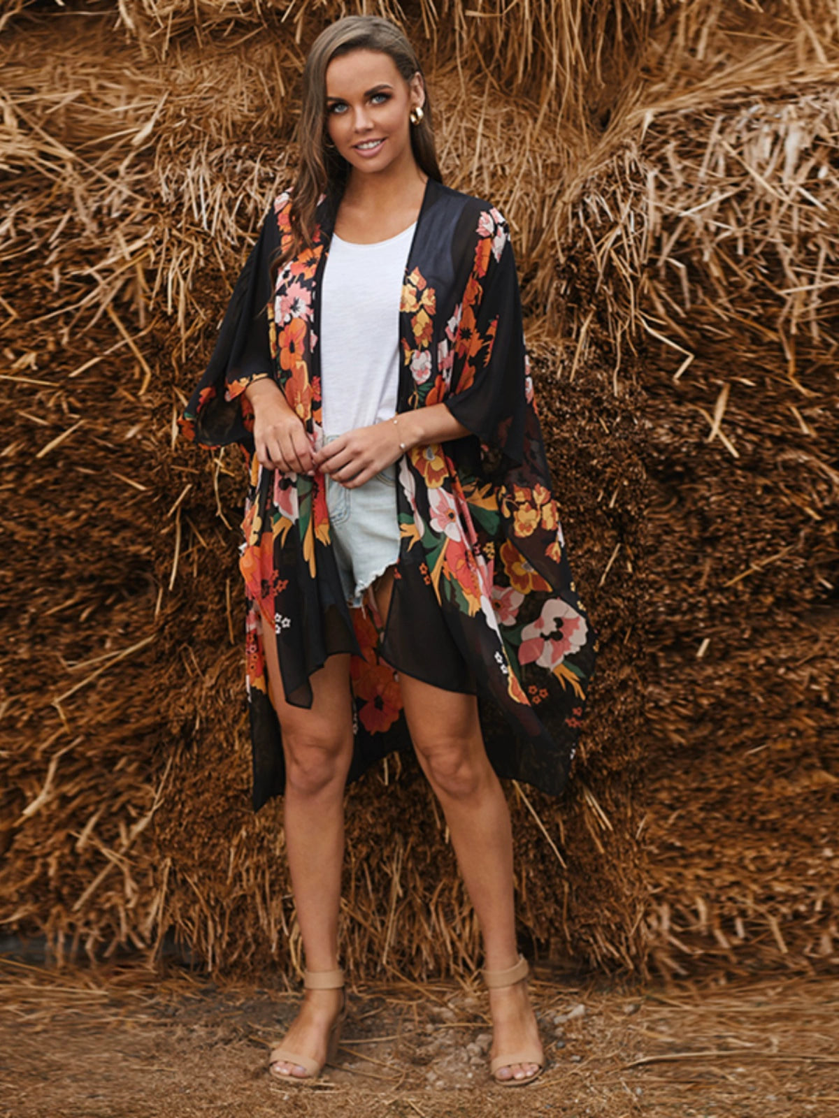 2024 European and American Bikini Blouse Cardigan Summer New Arrival Print Beach Sun Protection Clothing Mid Length Long Length Chiffon Blouse for Women