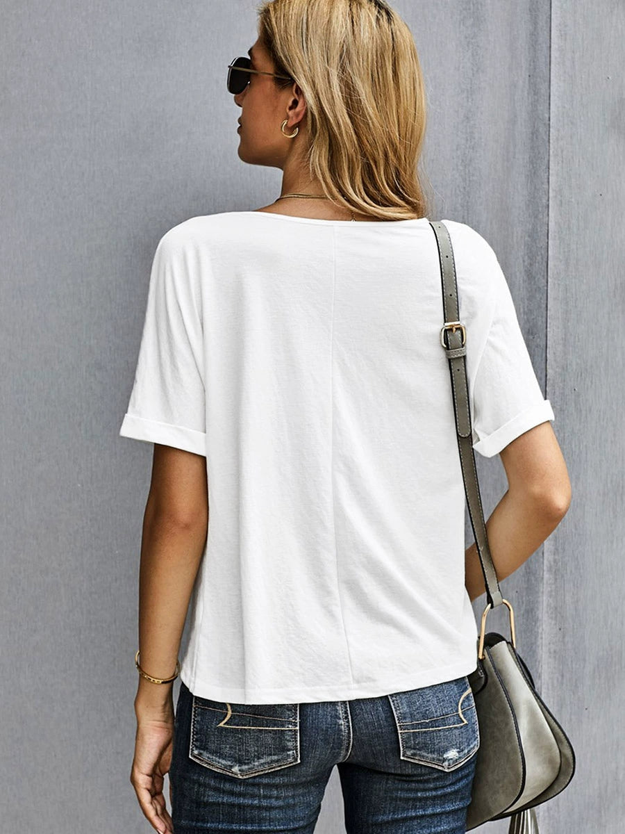 2023 Summer Thin Short-Sleeved Top Women's European Size Loose Cool V Neck Ruched Loose Pullover Half-Sleeve T-shirt Women