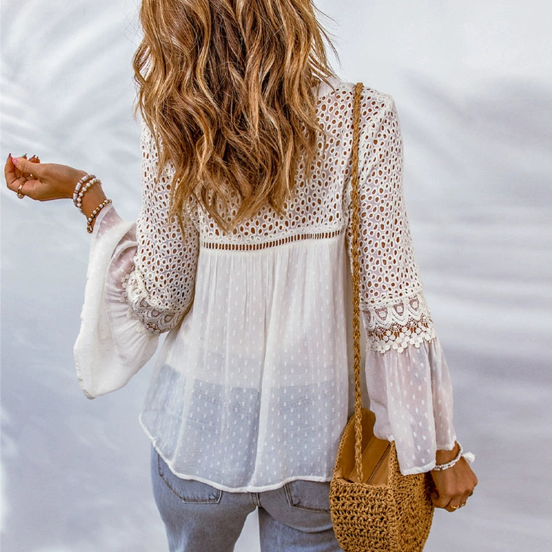 2024 Fall and Winter New Arrival Lace Crochet Chiffon Shirt for Women Fashion Fashion V Neck Drawstring Patchwork Cut Out Long Sleeves Shirt