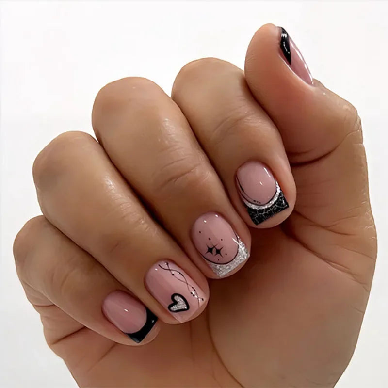 24Pcs Short Square Press on Nails Gradient Glitter False Nails French Tip Lines Acrylic Nails Full Cover Wearable Fake Nail Tips