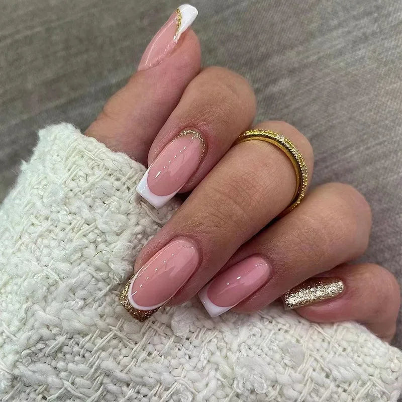 24Pcs Short Square Press on Nails Gradient Glitter False Nails French Tip Lines Acrylic Nails Full Cover Wearable Fake Nail Tips
