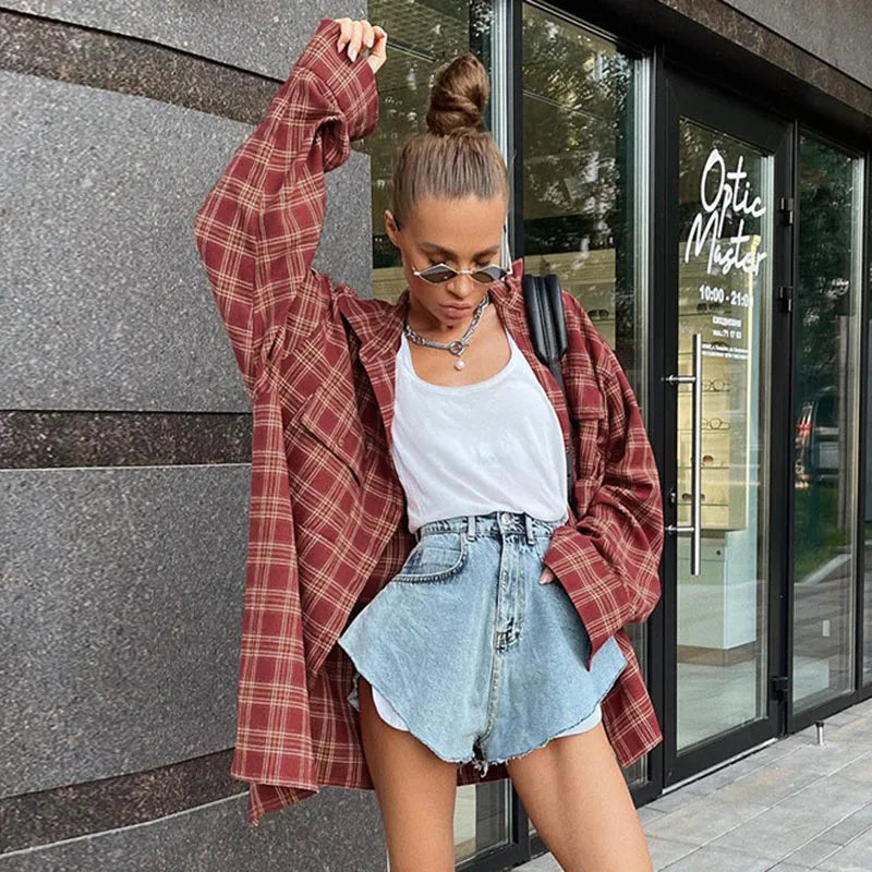 Plaid Checkered Single Breasted Shirts Women Casual Loose Long Sleeve Blouse Female 2025 Spring Autumn Vintage High Street Tops