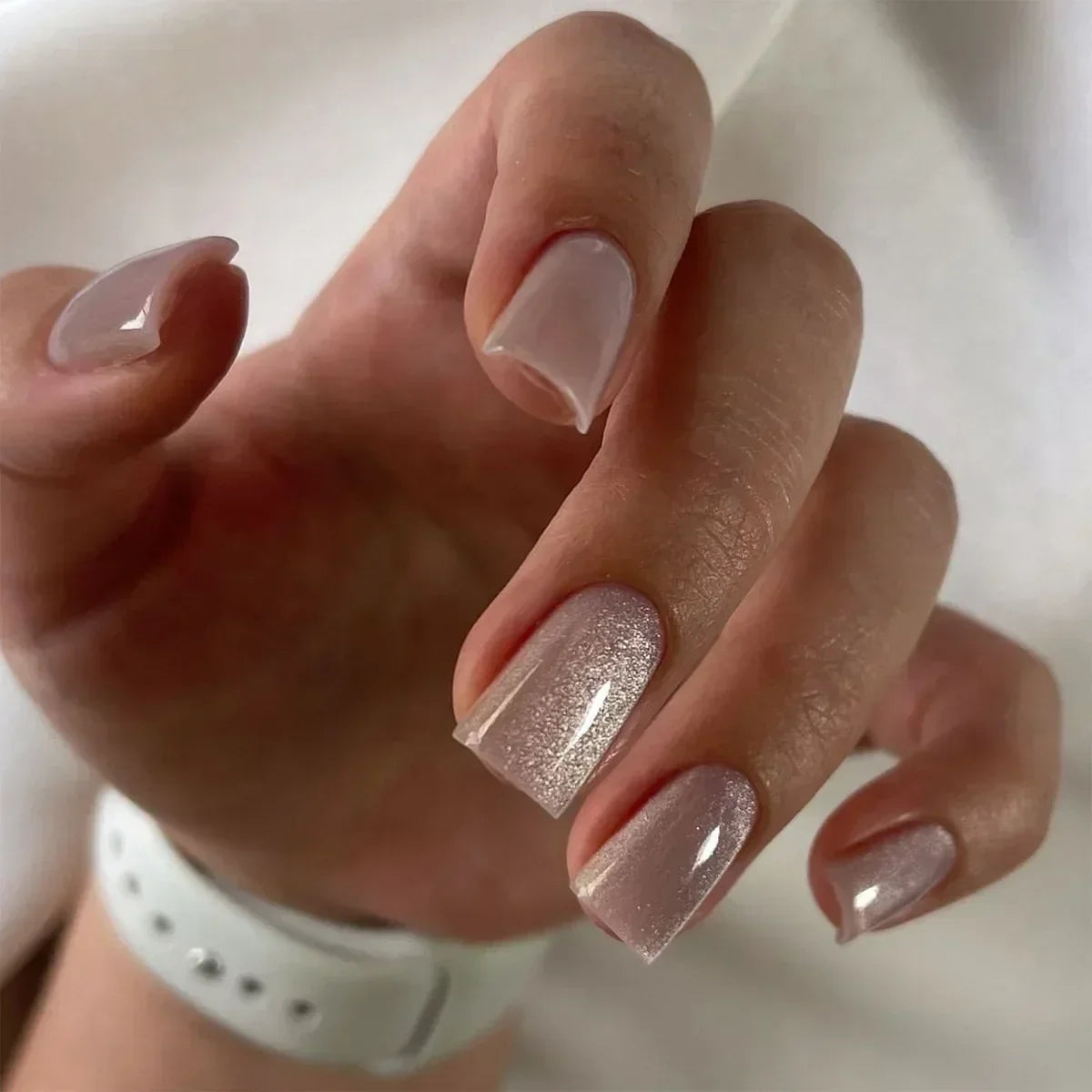 24Pcs Short Square Press on Nails Gradient Glitter False Nails French Tip Lines Acrylic Nails Full Cover Wearable Fake Nail Tips