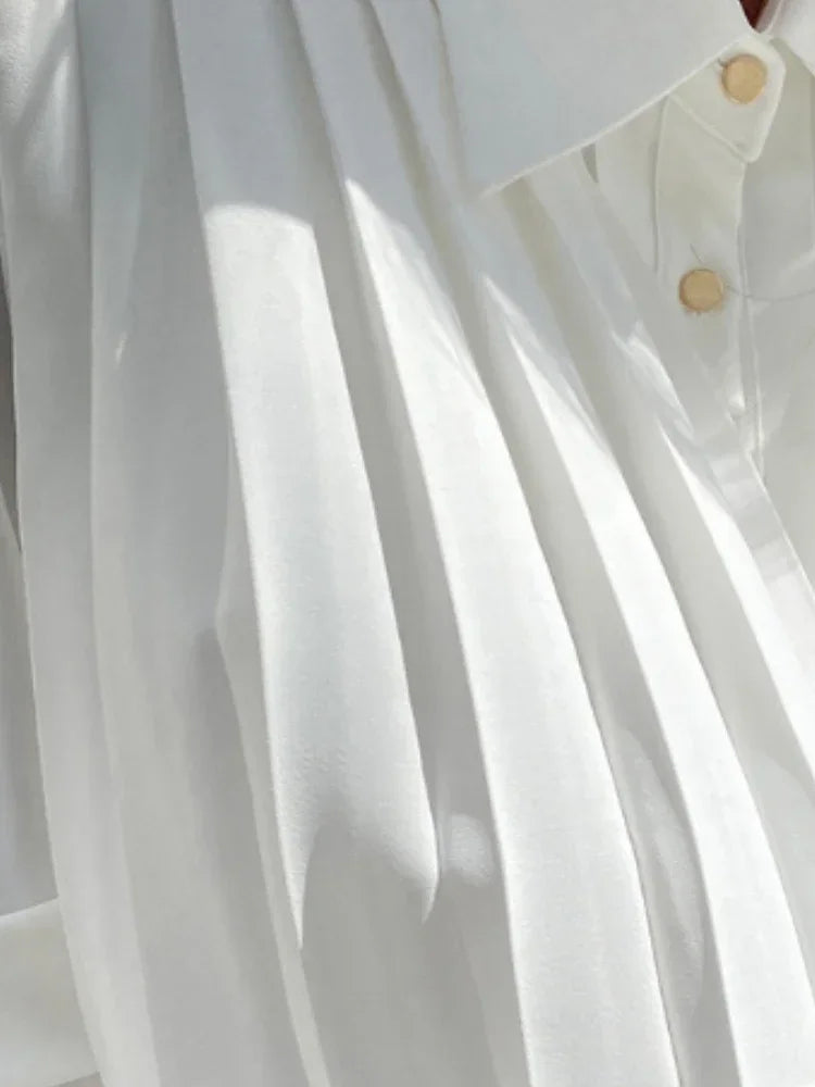 2025 Camisas De Mujer Korean Blouses for Women Temperament Single Breasted White Shirts Crop Tops Autumn Pleated Vintage Blouse