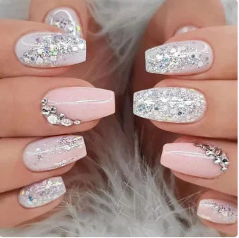 24PCS Shiny Pearl Wearable False Nails Short Square Fake Nail Simple Press on Nails Detachable Full Cover Nail Tips With Glue