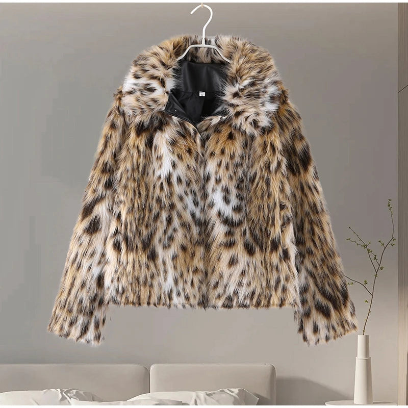 Leopard Faux Fur Short Coat Women Autumn Winter Plush Stand Collar Panelled Jacket Female Warm Stylish Outerwear Lady Casual New