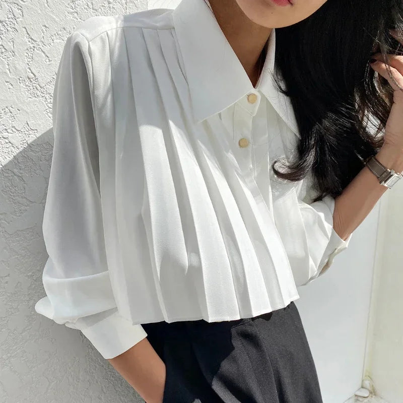 2025 Camisas De Mujer Korean Blouses for Women Temperament Single Breasted White Shirts Crop Tops Autumn Pleated Vintage Blouse
