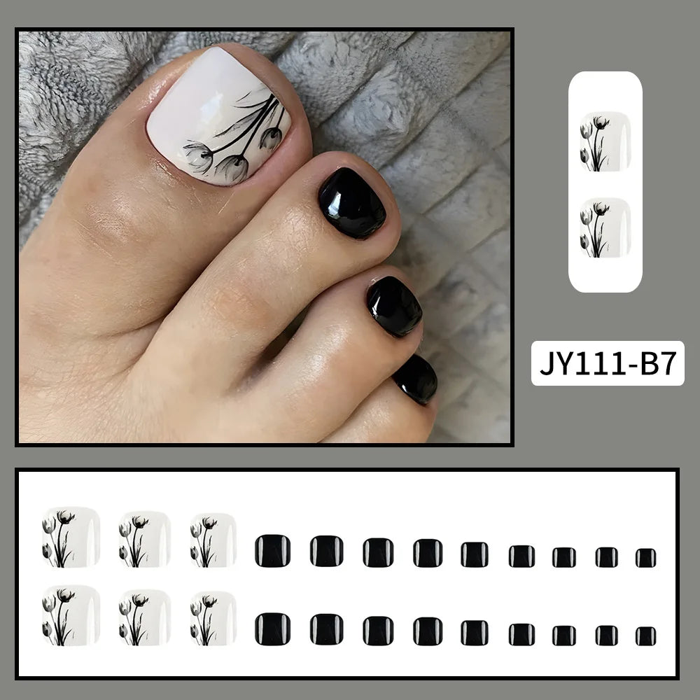 24 Pcs French Design Fake Toe Nail Press on Toe Nail Summer False Nails Acrylic Reusable Toe Nail Decorated Nails With Tool Kit