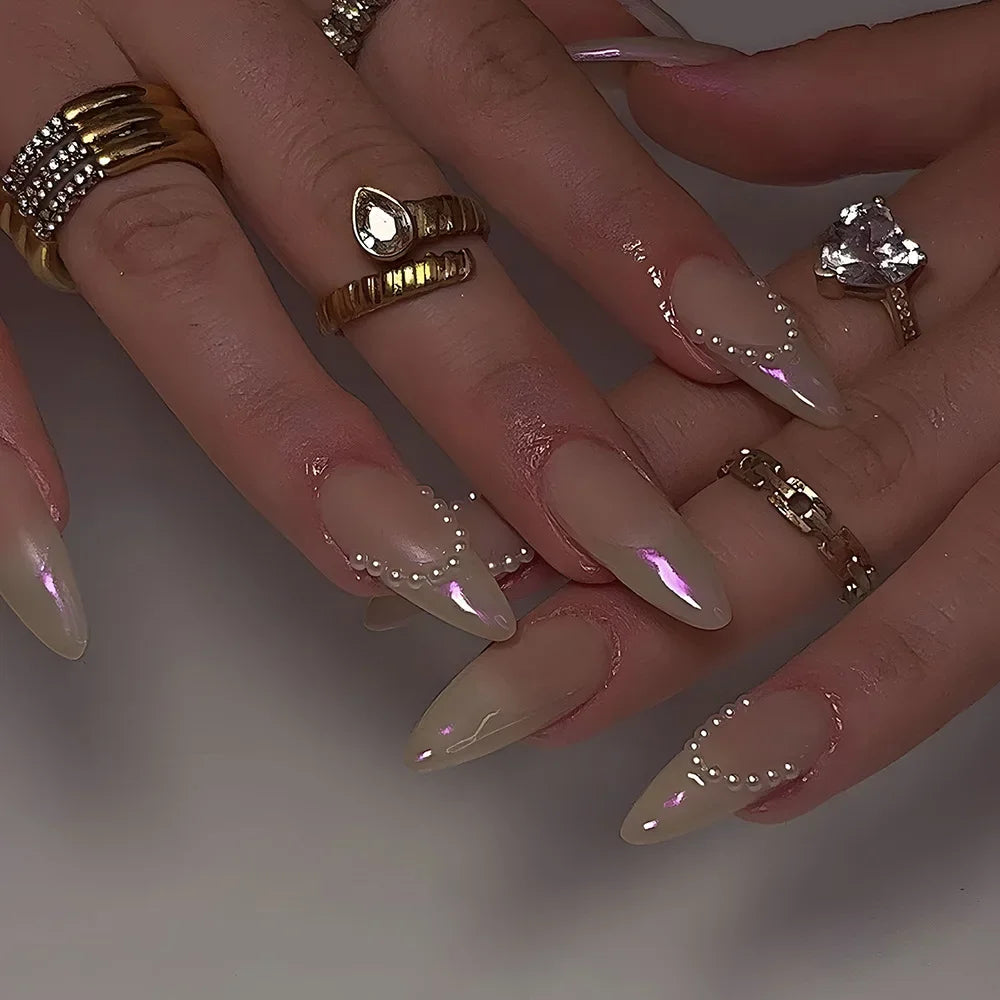 24Pcs French Gold Edge Wearable Almond Press on Fake Nails Simple Pearl Decoration False Nails with Glue Full Over Manicure Tips