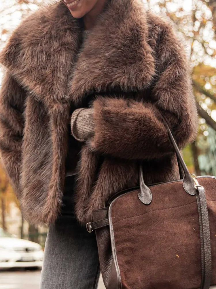Women's Brown Long Sleeved Buttons Faux Fur Coat Winter Thick Warm Fury Turn-down Jacket Female High Street Outerwear 2024