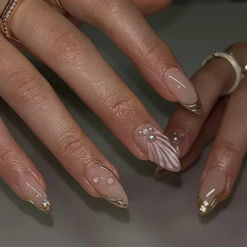 24Pcs French Gold Edge Wearable Almond Press on Fake Nails Simple Pearl Decoration False Nails with Glue Full Over Manicure Tips