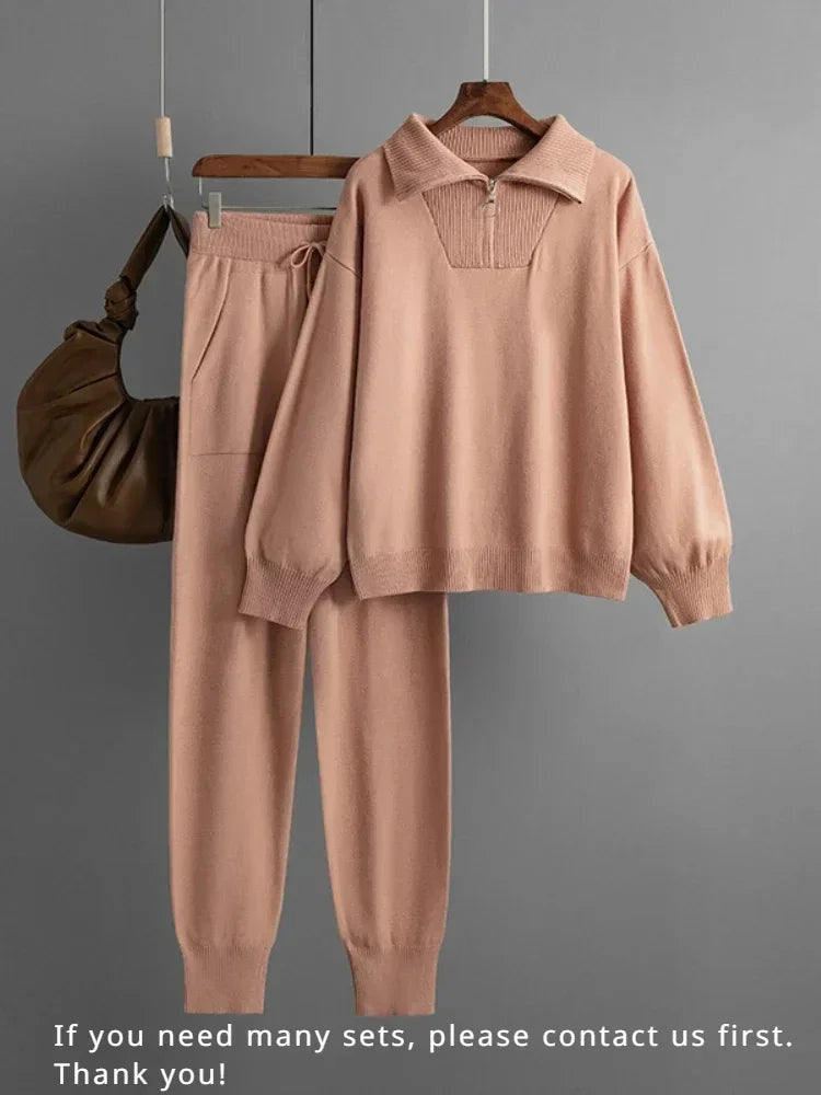 Winter Women's Knitted Suit Warm Pant 2 Piece Sets Women Outfit Trouser Oversized Casual Sweaters Jogging Knitwear Tracksuit