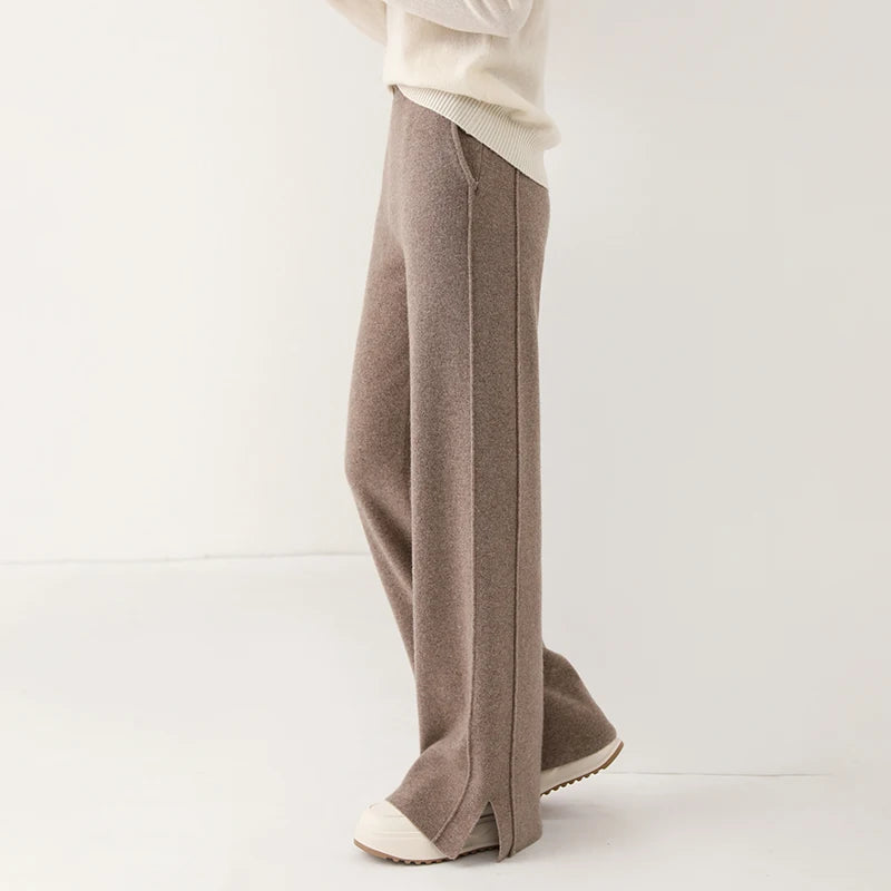 2024 new wool women's pants, high waisted loose cashmere floor pants knitted fashionable hot selling women's wide leg pants