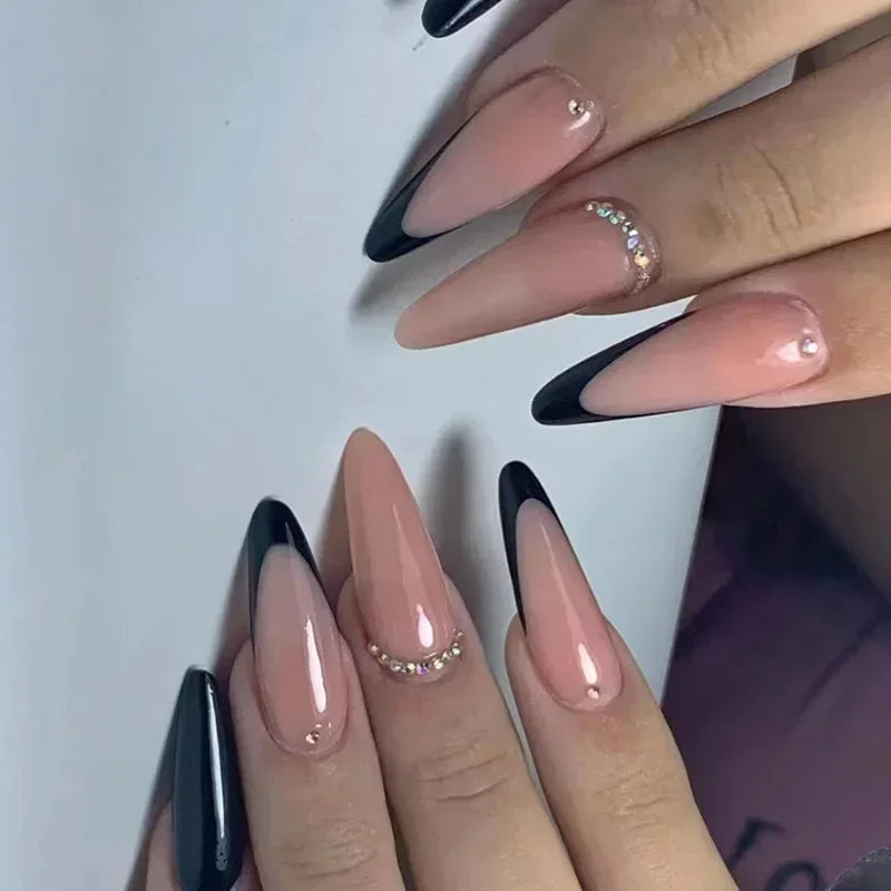 24Pcs French Gold Edge Wearable Almond Press on Fake Nails Simple Pearl Decoration False Nails with Glue Full Over Manicure Tips