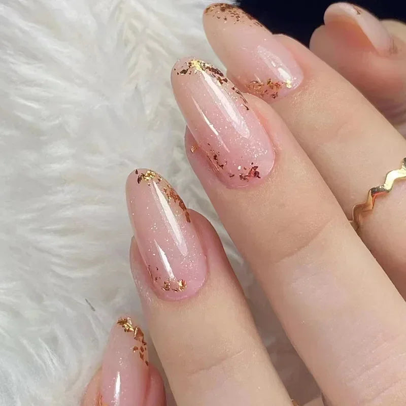 24Pcs French Gold Edge Wearable Almond Press on Fake Nails Simple Pearl Decoration False Nails with Glue Full Over Manicure Tips