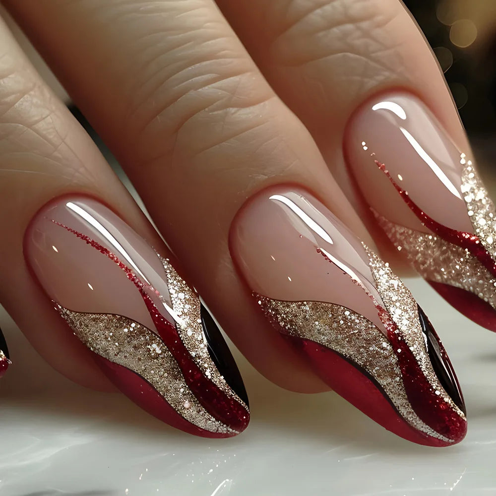 24Pcs Simple French Fake Nails with Almond Head Design Detachable 3D Irregular Star Pattern Press on False Nails Manicure Tools