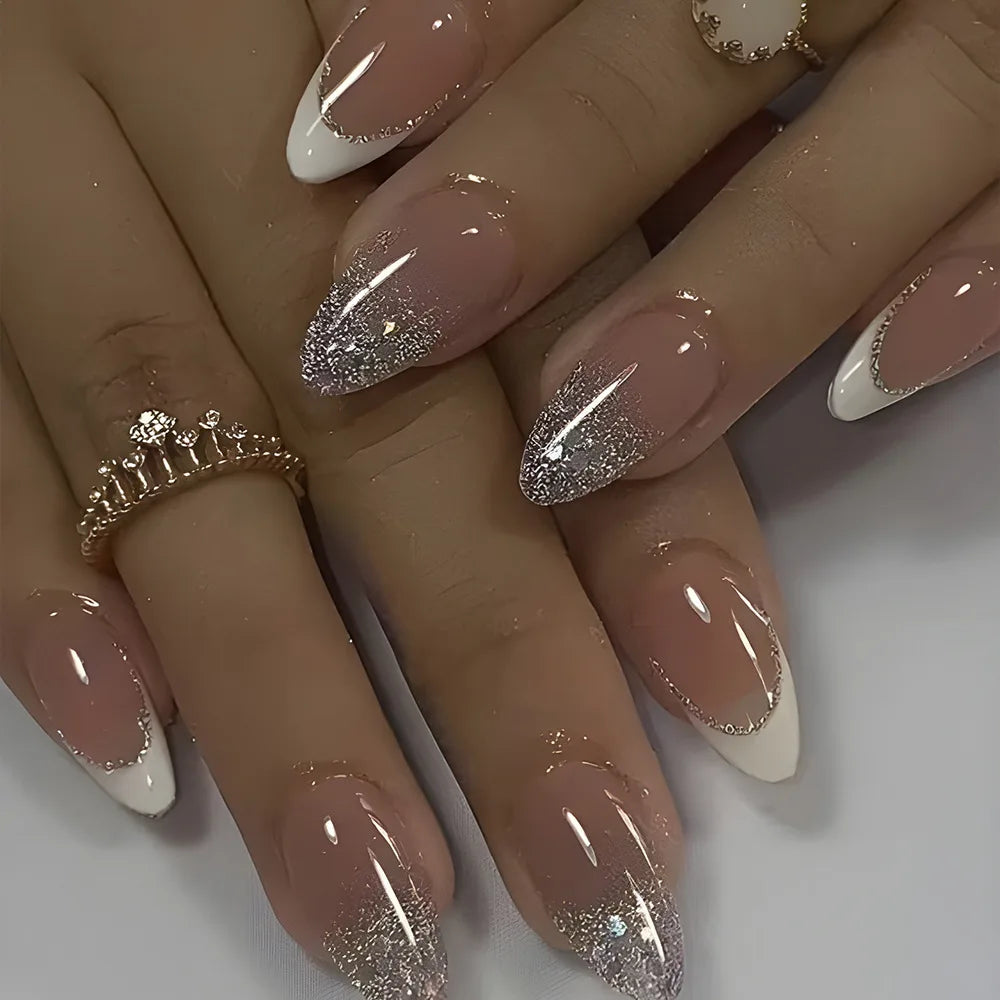 24Pcs Simple French Nails Art Tips Fake Nails 3D Design Wearable Full Cover False Nail Mid-length Almond Reusable Press on Nails