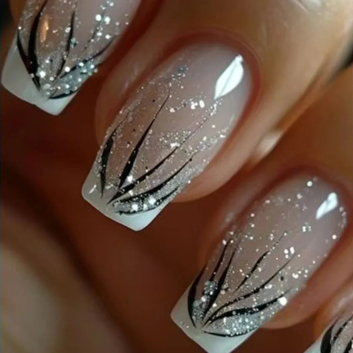 24Pcs Short Square Press on Nails Gradient Glitter False Nails French Tip Lines Acrylic Nails Full Cover Wearable Fake Nail Tips