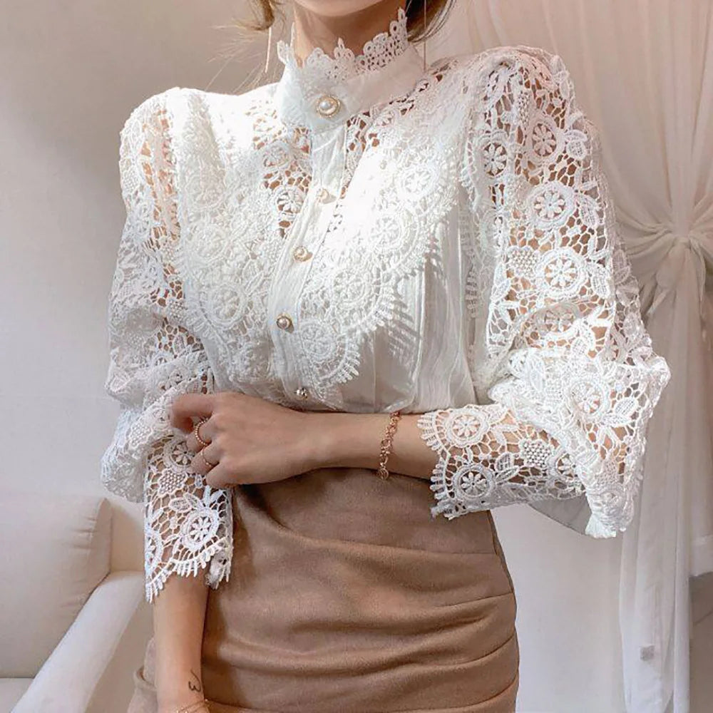 Autumn Elegant Lace Office Shirt Women's Blouse Long Sleeve Button Up Blouses Tops 2023 Spring Fashion Casual Ladies Shirts Top