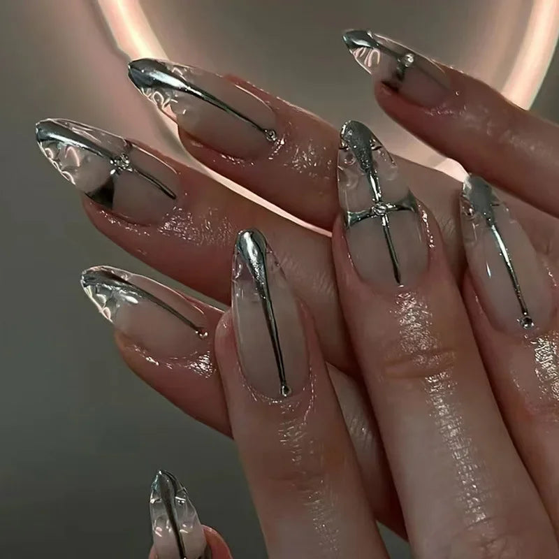 24Pcs French Gold Edge Wearable Almond Press on Fake Nails Simple Pearl Decoration False Nails with Glue Full Over Manicure Tips