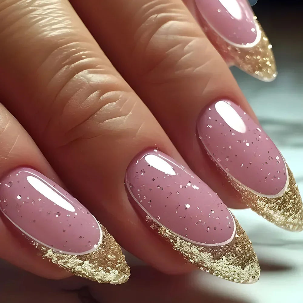 24Pcs French Gold Edge Wearable Almond Press on Fake Nails Simple Pearl Decoration False Nails with Glue Full Over Manicure Tips