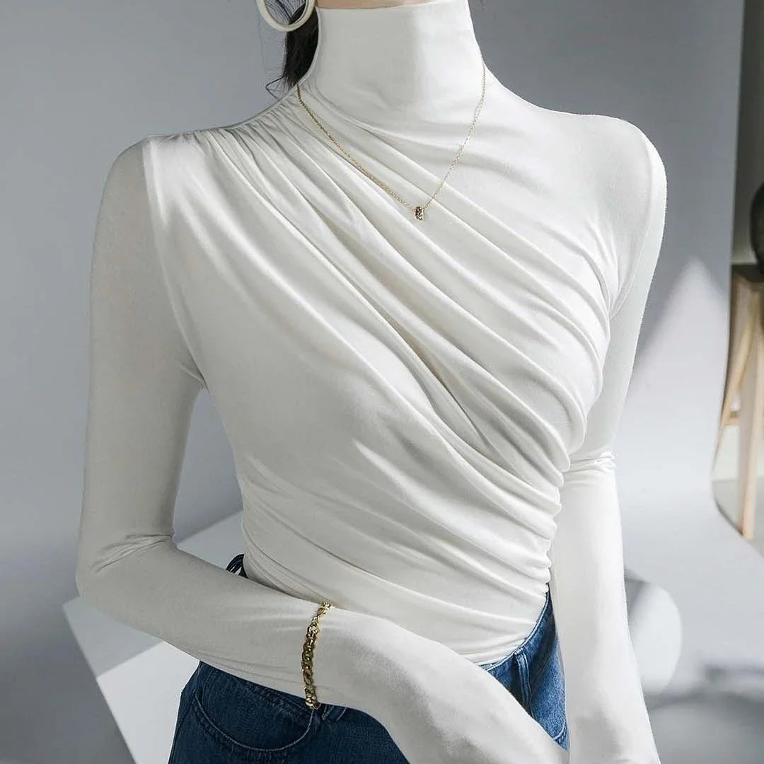 2023 Pleated High Neck for Women Blusas Clothes for Women Tops Shirts Blouses
