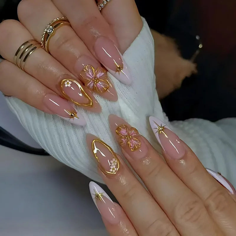 24Pcs Simple French Fake Nails with Almond Head Design Detachable 3D Irregular Star Pattern Press on False Nails Manicure Tools