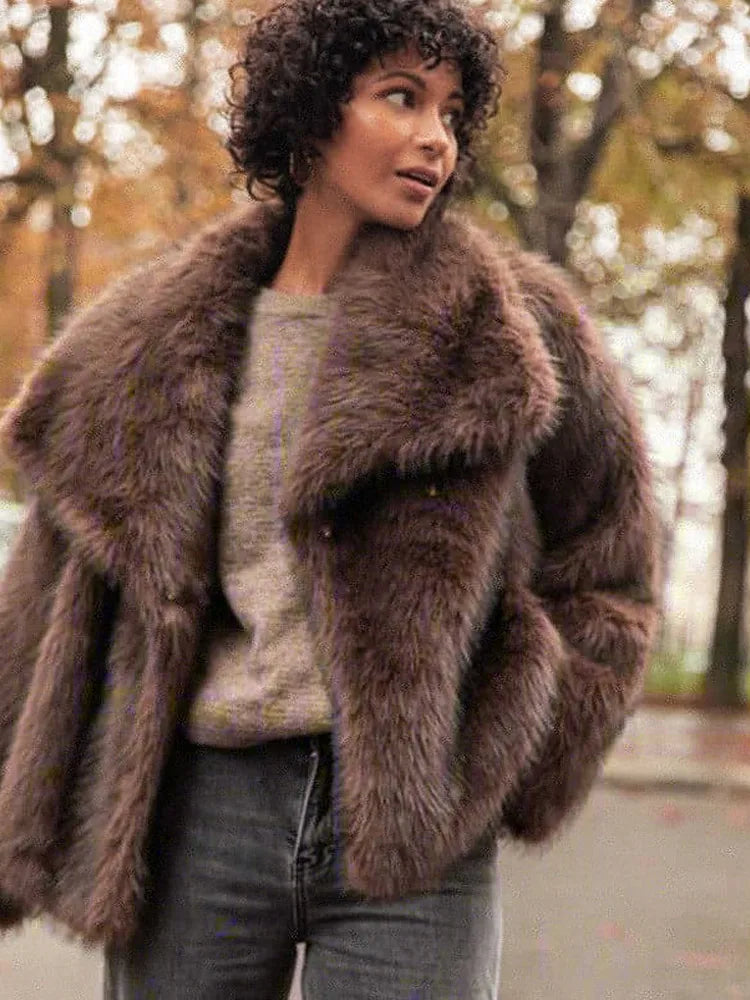 Women's Brown Long Sleeved Buttons Faux Fur Coat Winter Thick Warm Fury Turn-down Jacket Female High Street Outerwear 2024